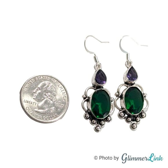 Purple & Green Faceted Glass Stone Silver Tone Pierced Dangle Earrings - Picture 7 of 10
